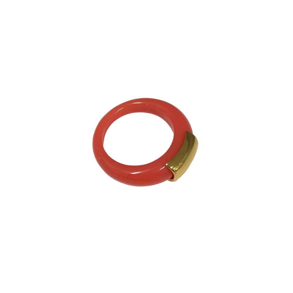 NEW LUCAS JACK women's coral resin ring with gold bar accent in red
